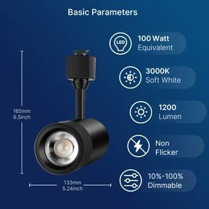 Factory Price LED Track Light Head Black Body 1200LM 3000K Warm White Adjustable Spotlight Wholesale ETL Certified Showroom