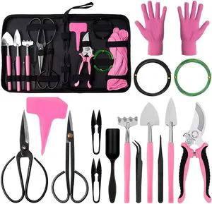 21 PCS DIY Bonsai Tree Pink Garden Tool Set Carbon Steel Trowel Fork Pruner Scissors Gloves Floral Kit Durable Plastic Handle