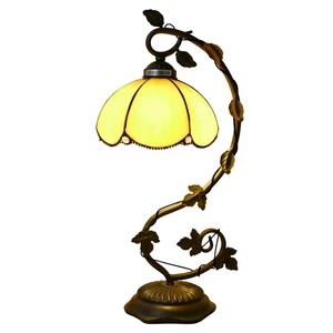 Tiffany Style Table Lamp Handmade Stained Glass Beige Desk Lamp with Metal Leaf Iron Decor Vintage Curved Reading Light