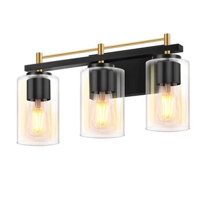 3 Light Bathroom Vanity Light Fixtures Black,Rustic Farmhouse Vanity Lighting Over Mirror Modern Industrial Lamp with Glass