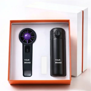 OEM Brand Promotional Wholesale Customized Gift Boxes UV Printing ABS Stainless Steel Mini Fan + Thermos Cup Gift Set For Gifts