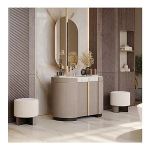 Luxury Modern Brushed Brass Wall Mounted Satin Pore Solid Wood Finish Curved Marble Bathroom Vanity With Sink Mirror