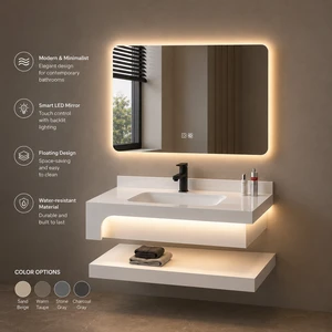 Modern Farmhouse Bathroom Vanity Ceramic Basin Integrated LED Lighting Smart Mirror Stone Wall Cabinet for Luxury Home/Villa
