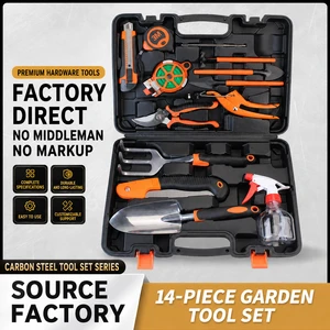 Multifunction Garden Tool Set 503-14 with Metal Shovel Pruner Rake and Carry Case for Gardening