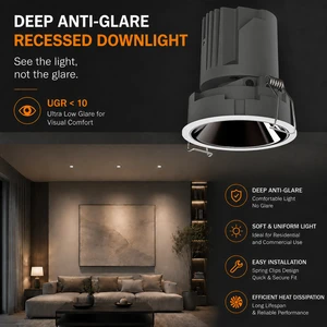 All Metal Commercial COB Recessed Spotlight 5W-20W Dimmable Anti-Glare Indoor Ceiling Downlight CRI90+ 3000K Warm White Hotel
