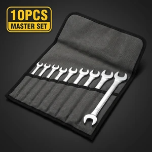 10pcs Double-Use Auto Repair Spanner Set Plum Open Ended Hand Tool Kit Canvas Bag Metric OEM Customization Chrome Vanadium Steel