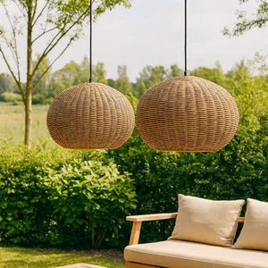 Outdoor Rattan Pendant Light IP54 Waterproof Wicker Ceiling Lamp for Villa Patio Balcony Resort