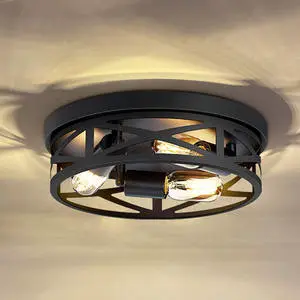 Industrial Farmhouse 3 Light Black Industrial Vintage Metal Cage Ceiling Lighting Fixture for Hallway Kitchen Bedroom