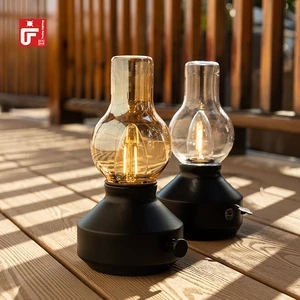 Vintage Rechargeable Cordless Table Lamp with Dimmer Small Battery Powered Lights Amber Hand-Blown Glass Kerosene Lamp