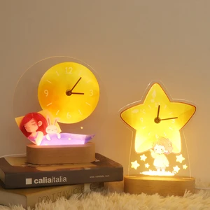 Cartoon Acrylic Uv Led Lamp Night Stand Clock Night Lamp Wooden Night Light For Bedroom Decor