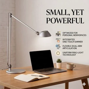 Minimalist Dual-Arm LED Desk Lamp with Touch Dimmer and Ring Light for Office Workspace - Gray Aluminum Alloy Design