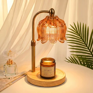 Orange Tulip Glass Candle Warmer Lamp Adjustable Dimmable Flameless Aromatherapy Wax Melter With Wood Base For Home Decor