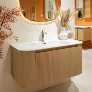 Curved Edge Floating Bathroom Vanity In Oak Wood, Wall Mounted Cabinet With Irregular LED Mirror In Stock Fast Delivery