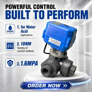 TOYI 3-Way DN15 1/2'' Plastic PVC Electric Ball Valve with Manual OEM EPDM Sealing for Water/Acid Applications NPT Connection