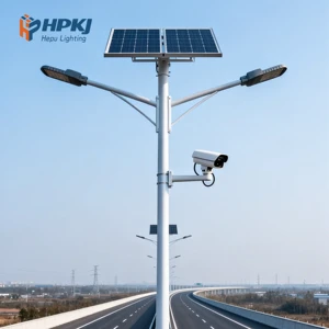 Hepu Solar LED Street Light Pole with IP65 Rating 5-Year Warranty Steel Alloy Construction for Factory Use with CCTV Camera