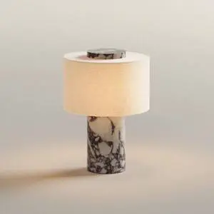 Modern Cordless Rechargeable Marble Table Lamp with Fabric Shade Aesthetic Ambient Light for Bedroom Bedside Restaurant Decor
