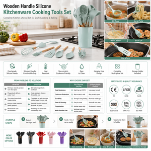 Customized Logo Wooden Handle Silicone Kitchenware Cooking Tools Set Heat Resistant Utensil Set