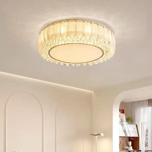 PM Round Luxury K9 Crystal Kitchen Ceiling Light Modern Bedroom Low LED Ceiling Lamp for Home Hotel Office Feather Glass Lamp