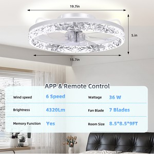 Modern 20 Inch Quiet LED 36W Fashion Ceiling Fan Light Remote Control 6 Blades Natural Airflow Bedroom Kids Room Study