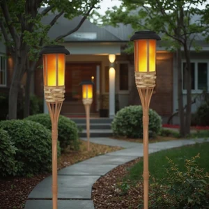 IP65 Waterproof ABS Bamboo Solar Flame Torches LED Panel Floor Plug Lawn Lights Warm White Flickering Garden Lighting Outdoor