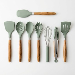8 Pcs Silicone Kitchen Utensil Set Acacia Wood Handle Heat Resistant Non Stick Cooking Tools Mixing Turner Set