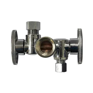 Lead Free Brass Quarter Turn 3 Way Water Shut Off Valve 5/8 Inch OD Inlet to Double 3/8 Inch OD Outlets Dual Handle Plumbing