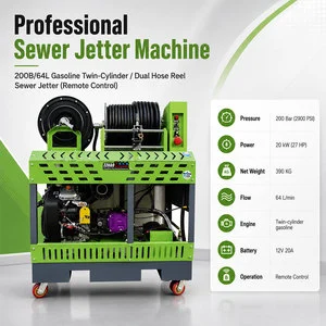 Water Jetter Drain Cleaning Machine 200Bar Dual Reel Remote 64L/min Sewer Cleaning Tool Machine