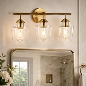 Modern 3-Light Chrome IP44 Bathroom Vanity Light Fixture Brushed Brass Wall Sconce Clear Glass Shade Mirror Bath Lamp Powder