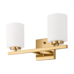 2-Light Modern Brushed Brass Vanity Sconce Horizontal Bar Design Cylindrical White Glass Shade Bathroom Mirror Light