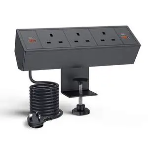 New Desk Clam 2 USB Output Fast Charger 3 UK Power Outlet Standing Desk Power Strip Clamp Mounted Socket For Home Office