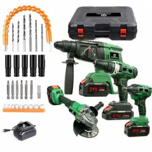 4-piece Set 21V Cordless Power Tool Kit, Including Electric Drill, Combination Wrench, Angle Grinder and Electric Hammer
