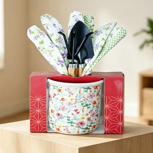 4 Pcs Garden Tool Set with Floral Mug Trowel Rake and Gloves Hand Tool Kit in Gift Box for Planting and Gift