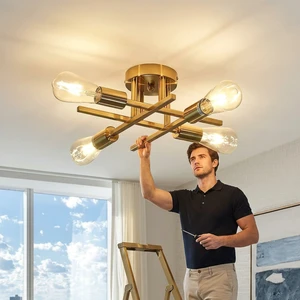 Modern Gold Plated Brass Ceiling Lamp 4 Bulb Polished Chandelier Home Decoration Light Fixture