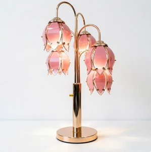 Pink Tulip Glass LED Desk Lamp with Metal Base 5-Light Adjustable Design Customizable Dimmable Modern Bedroom Night Light
