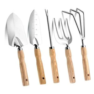 5Piece Gardening Tools Set Includes Rake Garden Trowel Transplanter Shovel Rust-Proof with Wooden Handle Garden Tools Set