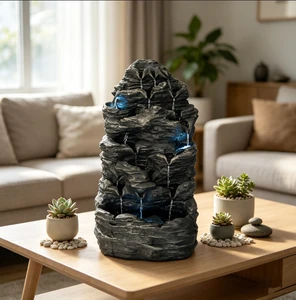 Artificial Garden Water Fountain Outdoor Solar Powered Resin Rock Tower Waterfall LED Lights Waterproof Yard Patio Home