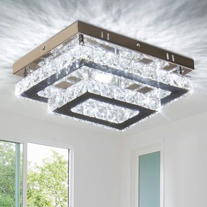 Living Room Ceiling Lamp Modern Rectangular LED Crystal Ceiling Light Double Layer Flush Mount Chandelier Light Fixtures
