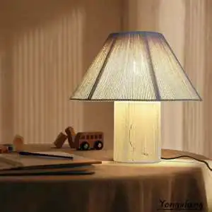 Small Woven Indoor Lighting Lamp with Table for Bedroom or Living Room Contemporary Style Bedside Lamp