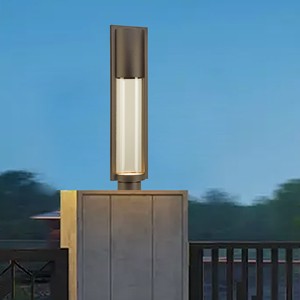 Modern Minimalist Aluminum LED Exterior Pillar Light with Amber Glass Shade IP44 Waterproof Landscape Lighting