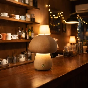 Modern Home Table Lamps Wooden LED Night Light Cordless Rechargeable Dome Shade Mushroom Touch Control For Restaurant Bed Decor