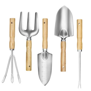 Garden Tools 5-Pieces Heavy Duty Gardening Hand Tools with Wooden Handle Rust-Proof Garden Tool Set