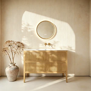 Custom Freestanding Fluted Style Bathroom Vanity Storage Cabinet With Ceramic Basin And Double Drawers For Hotel Project