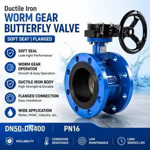 Worm Gear Flanged Butterfly Valve DN50-DN400 PN16 Ductile Iron Soft Seat Rubber Lined Water Treatment Manual Butterfly Valve
