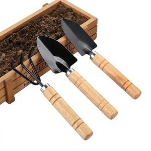 3 Pcs Mini Gardening Tool Set Shovel Spade Rake with Wooden Handles for Planting Weeding Cultivating