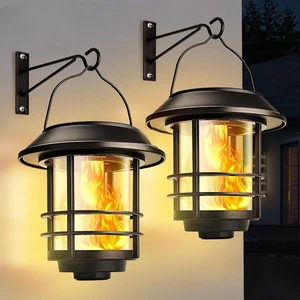 Outdoor Waterproof Wall Stair Patio Porch Yard Flame Lamp Mounted Hanging Lanterns Lights Solar Garden Lantern Light