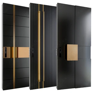 Modern Black Entry Door With Natural Stone Inlay & LED Light Luxury Villa Exterior Door