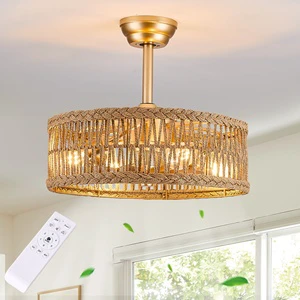 Wholesale Boho Hand-Woven Fan Lamp Remote Control Caged Fandelier Ceiling Fan with Light American Rattan Chandelier Fan Lights