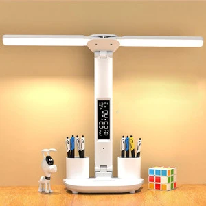Double LED Flexible Cordless Touch Control Head Table Lamp Clock Time Display 5V Rechargeable Eye Caring Table Lamp For Children