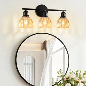 Bathroom Light Fixtures 3-Light Brass Vanity Wall Light Over Mirror With Clear Tulip Glass Shade For Bedroom Living Room