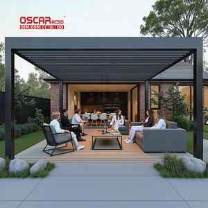 Retractable Louvered Mechanism Pitched Roof Top Cover Gazebo Lights and Blinds Slanted Powder Coated Frame Pergola